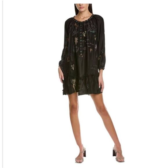 Johnny Was Calme by Yogi Embroidered Silk Mini Dress — Black, NWT, Boho Chic - Picture 1 of 13